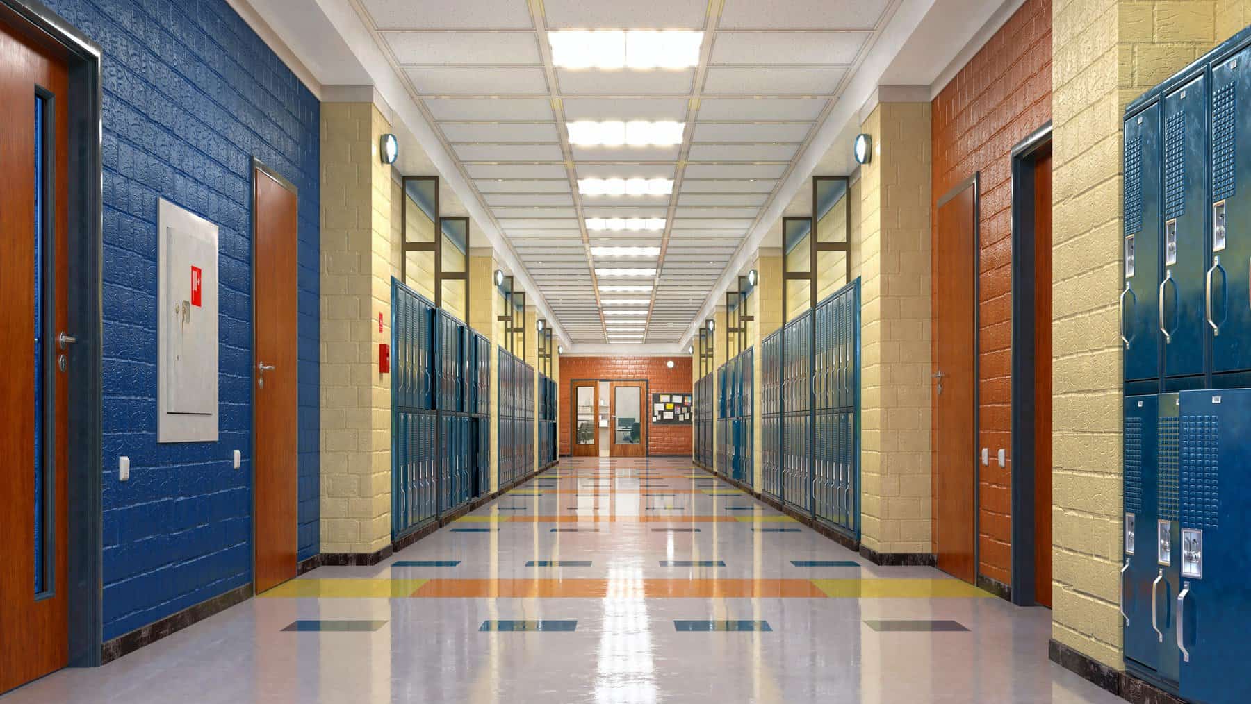 School Hallway Interior Painting Bright school hallway with blue and cream painted lockers, orange doors, white ceiling, and polished concrete flooring