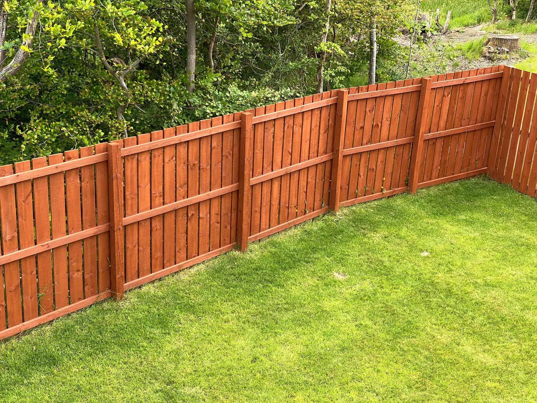 Orange Stained Vertical Board Fence Bright orange-stained vertical board fence with metal top rail and wood frame in residential backyard in Nashville.