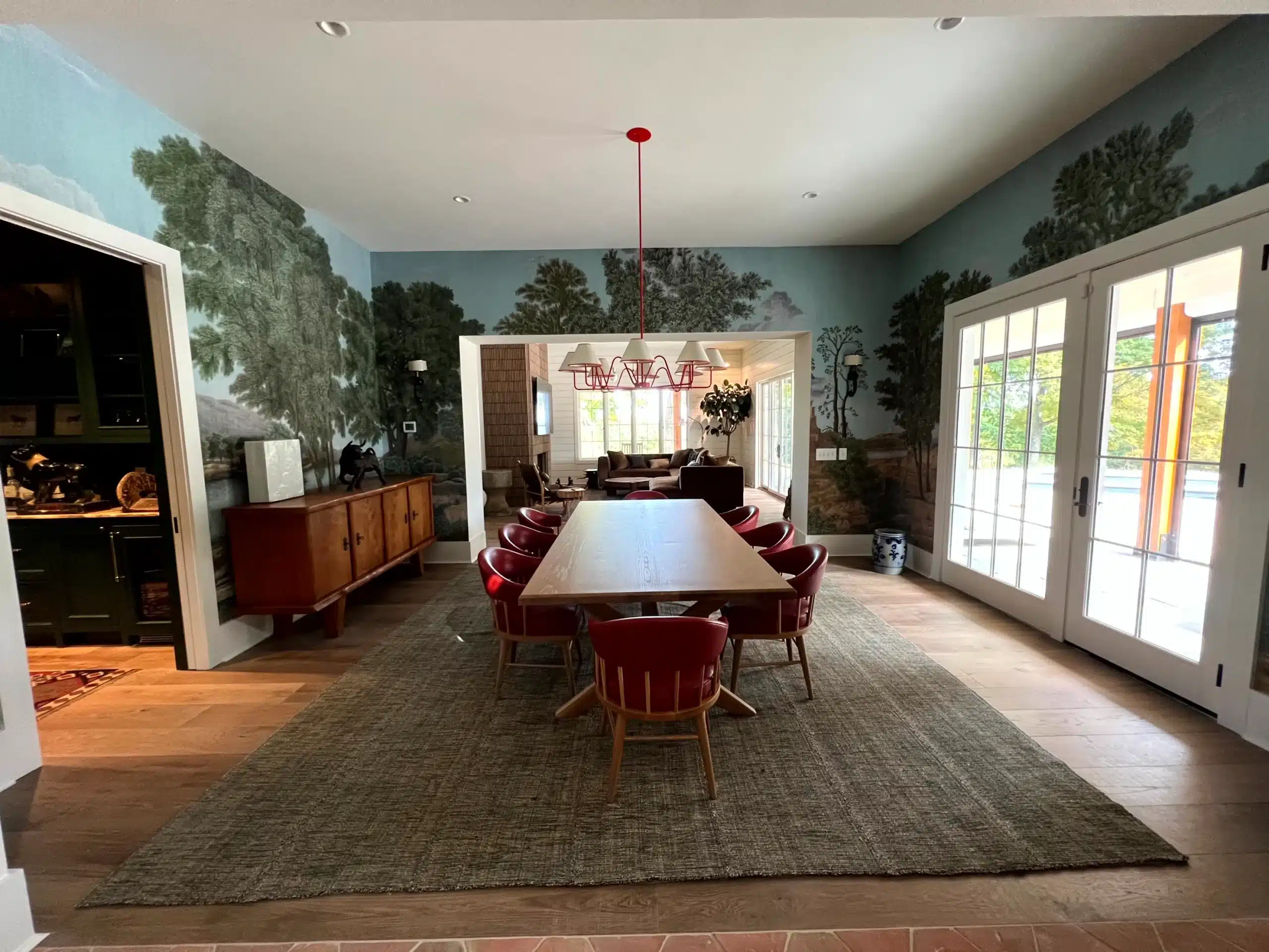 Interior Residential Dining Room Painting Light gray and blue painted dining room walls with white ceiling, recessed lighting, and glass patio doors in Nashville