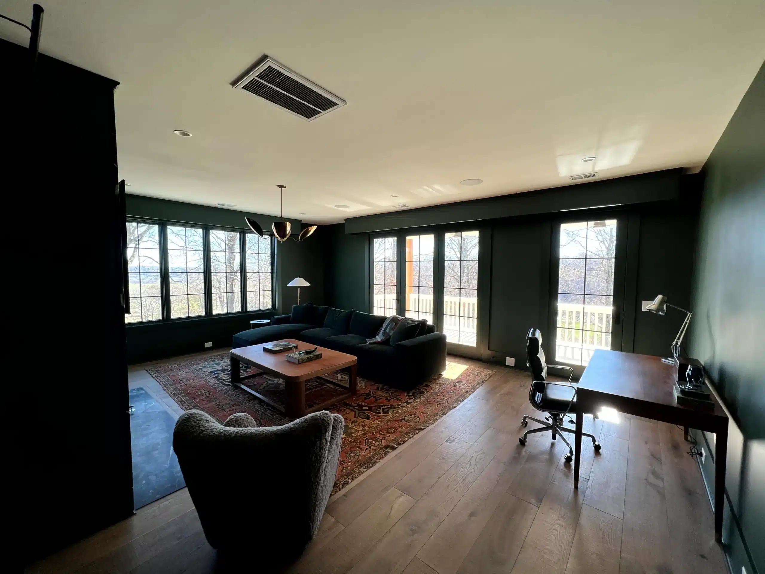 Dark Green Interior Living Room Dark green painted walls with cream ceiling, dark furniture, wood flooring, and multi-pane windows in residential interior