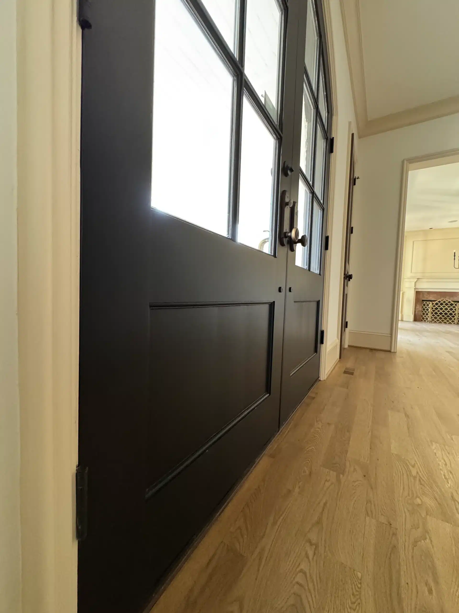 Black Painted Interior Door Black-painted interior door with glass panels and black hardware in cream-walled hallway with wood flooring